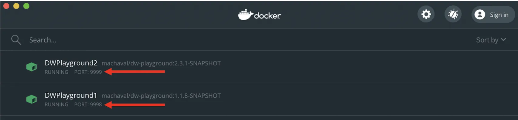 Docker Desktop with two containers: DWPlayground2 on port 9999 and DWPlayground1 on port 9998