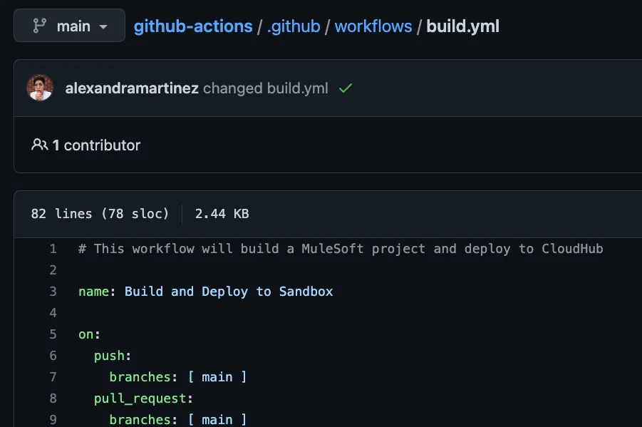 GitHub viewing the build.yml workflow file at .github/workflows on the main branch.