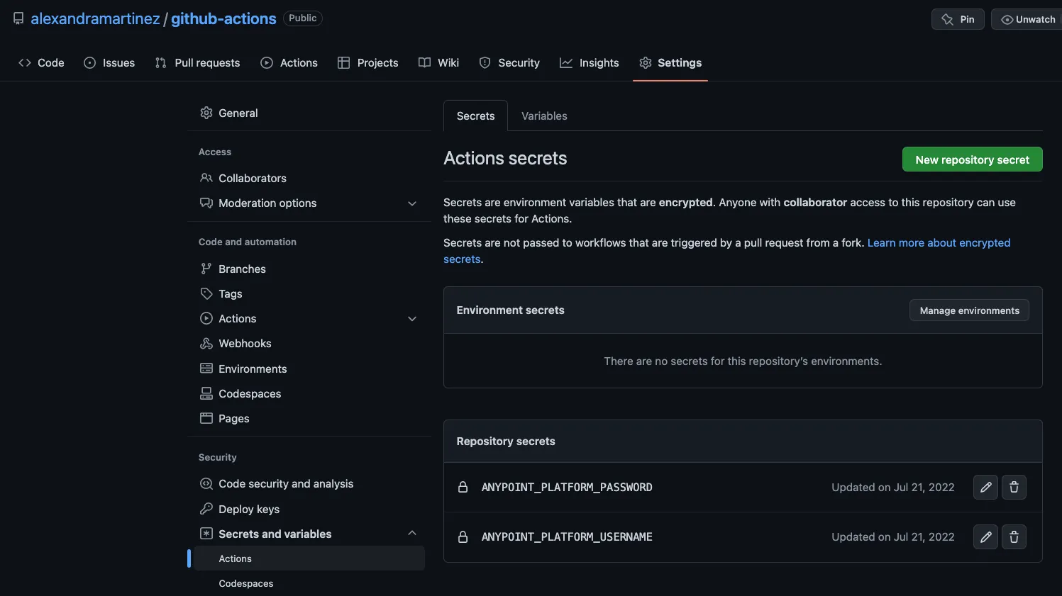 GitHub repo Actions secrets page listing the ANYPOINT_PLATFORM_PASSWORD and ANYPOINT_PLATFORM_USERNAME secrets.