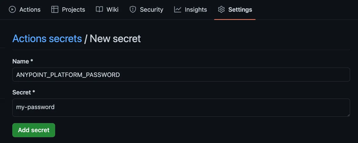New secret form with Name ANYPOINT_PLATFORM_PASSWORD and a password value, with the Add secret button.