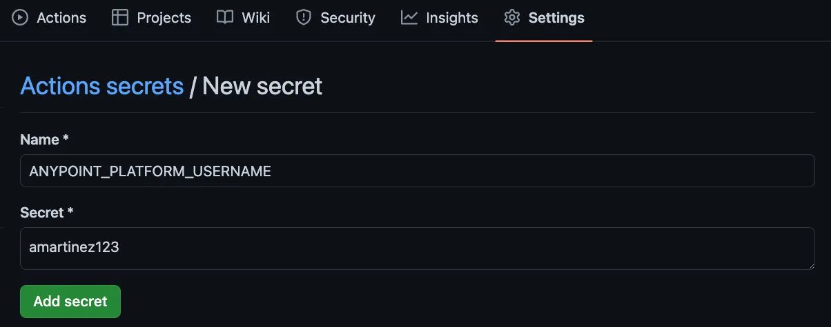 New secret form with Name ANYPOINT_PLATFORM_USERNAME and a username value, with the Add secret button.