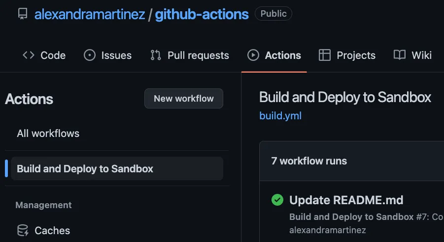 GitHub Actions tab showing the "Build and Deploy to Sandbox" workflow with its list of runs.