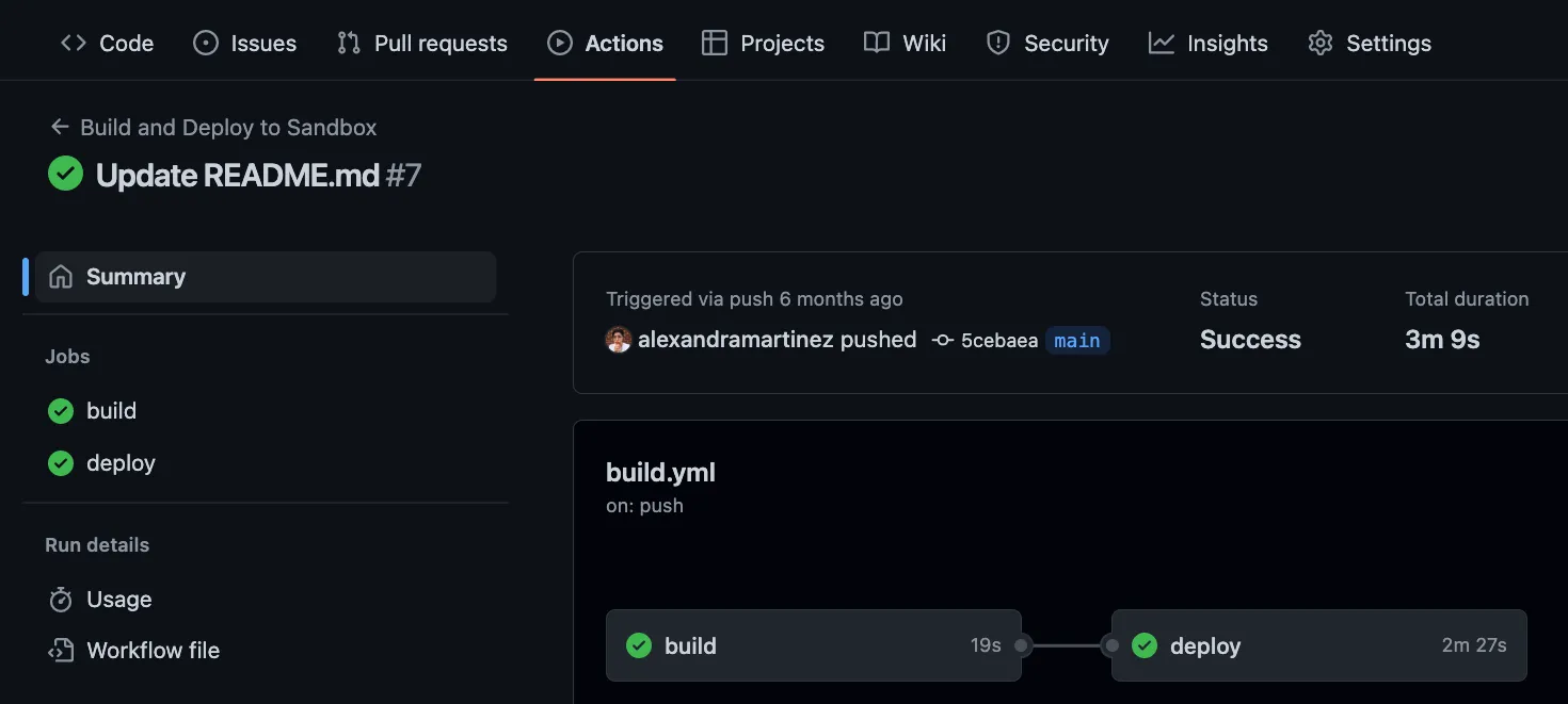 Successful workflow run summary with the build and deploy jobs both passing in 3m 9s.