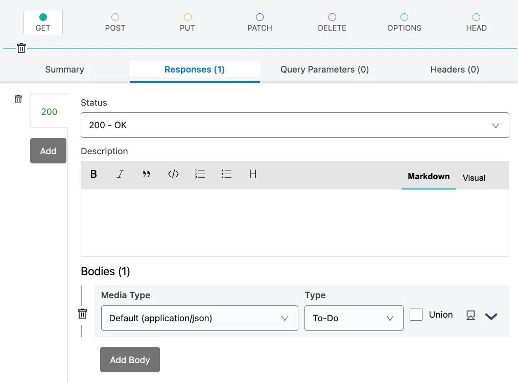 GET on a single to-do resource with a 200 OK response whose body type is To-Do.