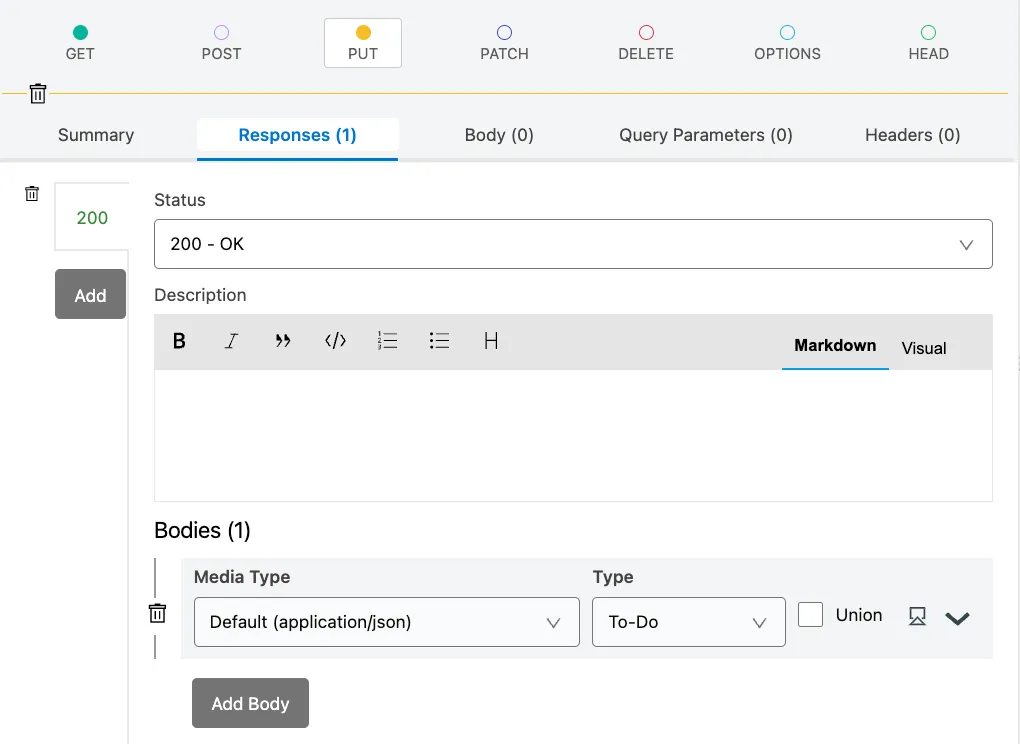 PUT on a single to-do resource with a 200 OK response whose body type is To-Do.