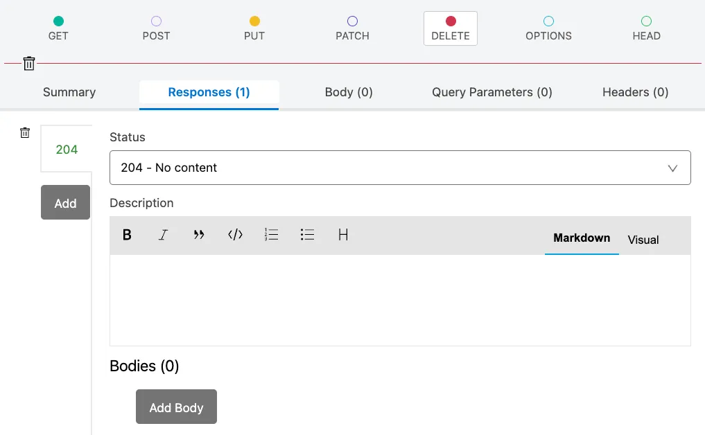 DELETE on a single to-do resource with a 204 No Content response and no body.