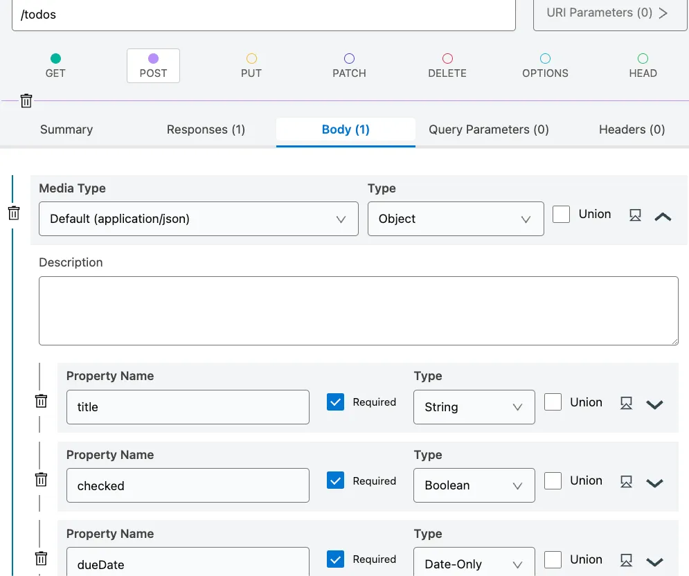 POST /todos body changed to an Object with manually re-added title, checked, and dueDate properties.