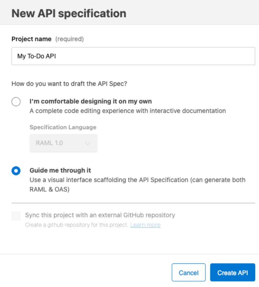 New API specification dialog naming the project "My To-Do API" with the "Guide me through it" option selected.