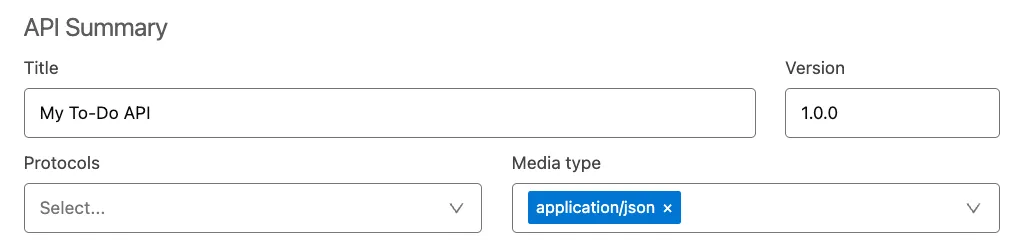 API Summary with Title "My To-Do API", Version 1.0.0, and Media type set to application/json.