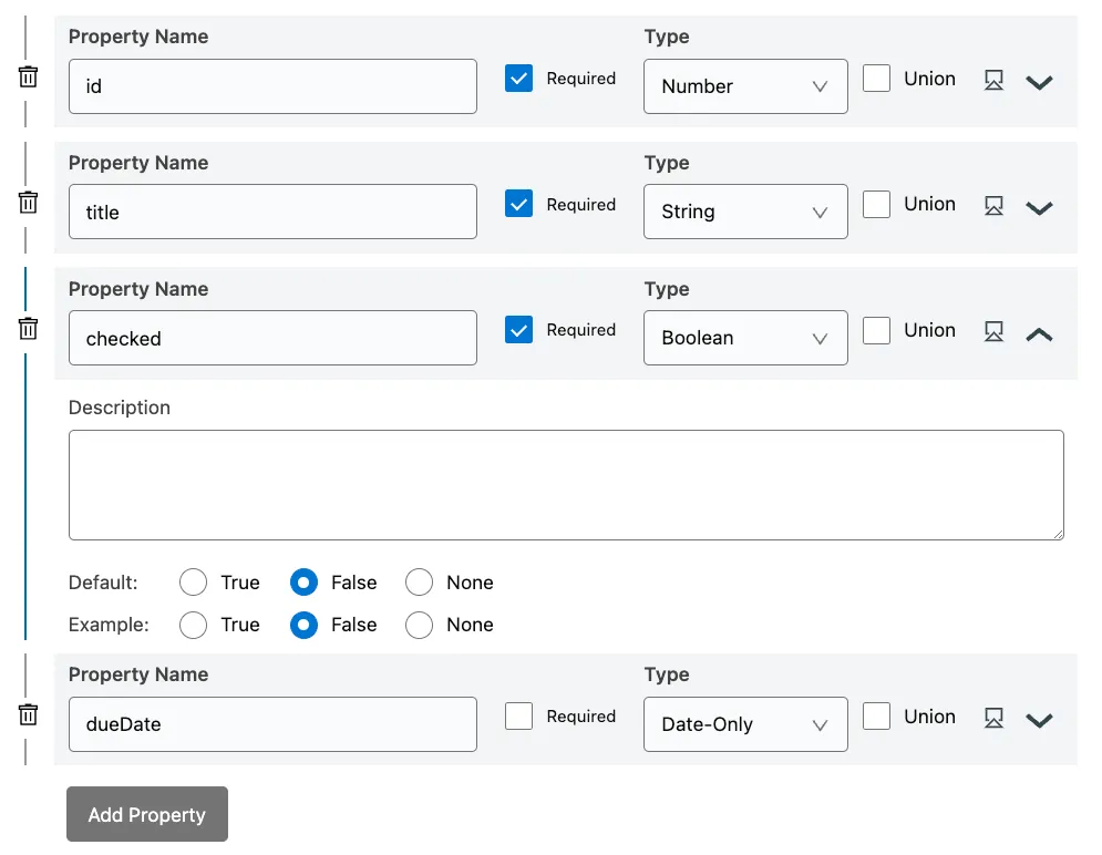 To-Do object properties: id (Number), title (String), checked (Boolean, default False), dueDate (Date-Only).