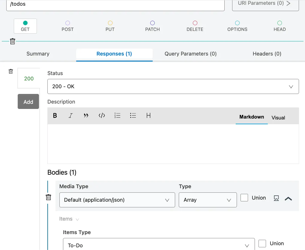 GET on /todos with a 200 OK response whose body is an Array of To-Do items.