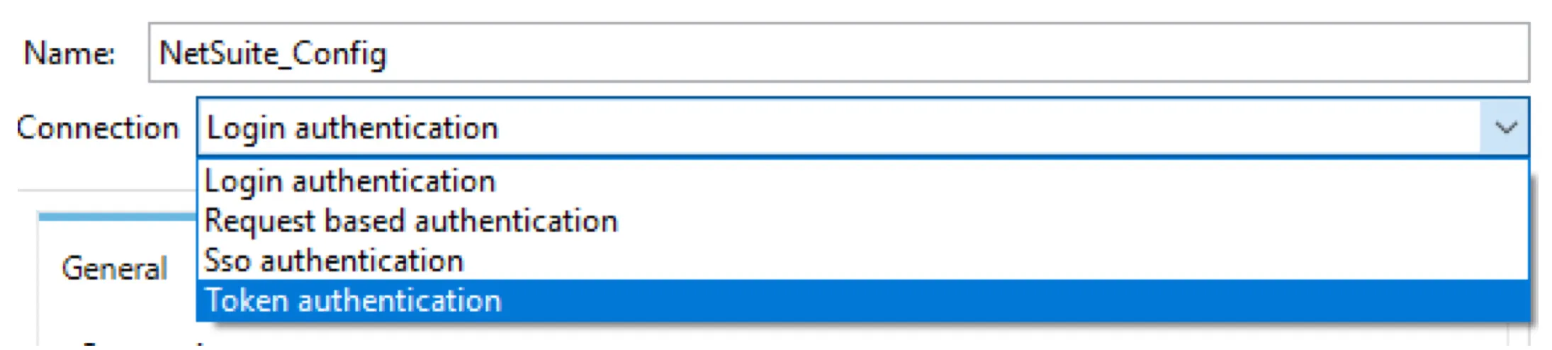 NetSuite connector config dropdown listing Login, Request, SSO, and Token authentication