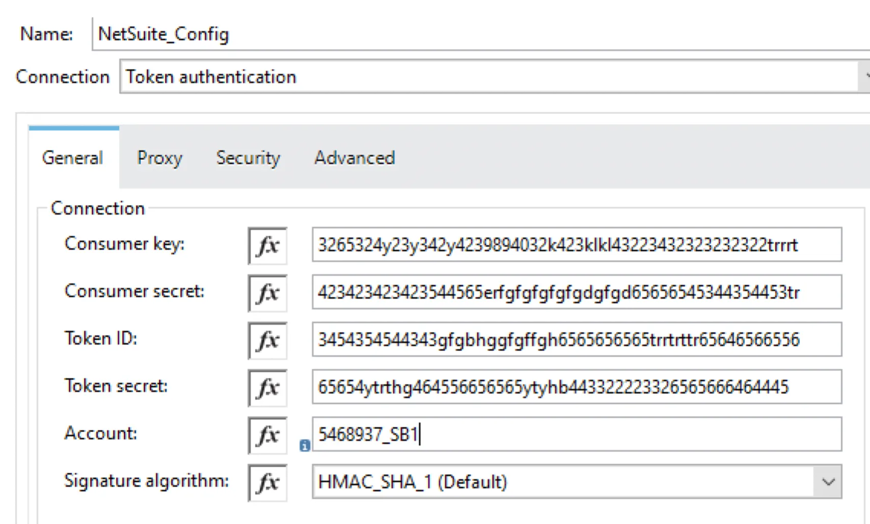 NetSuite token authentication form with consumer key, secret, token, and account fields