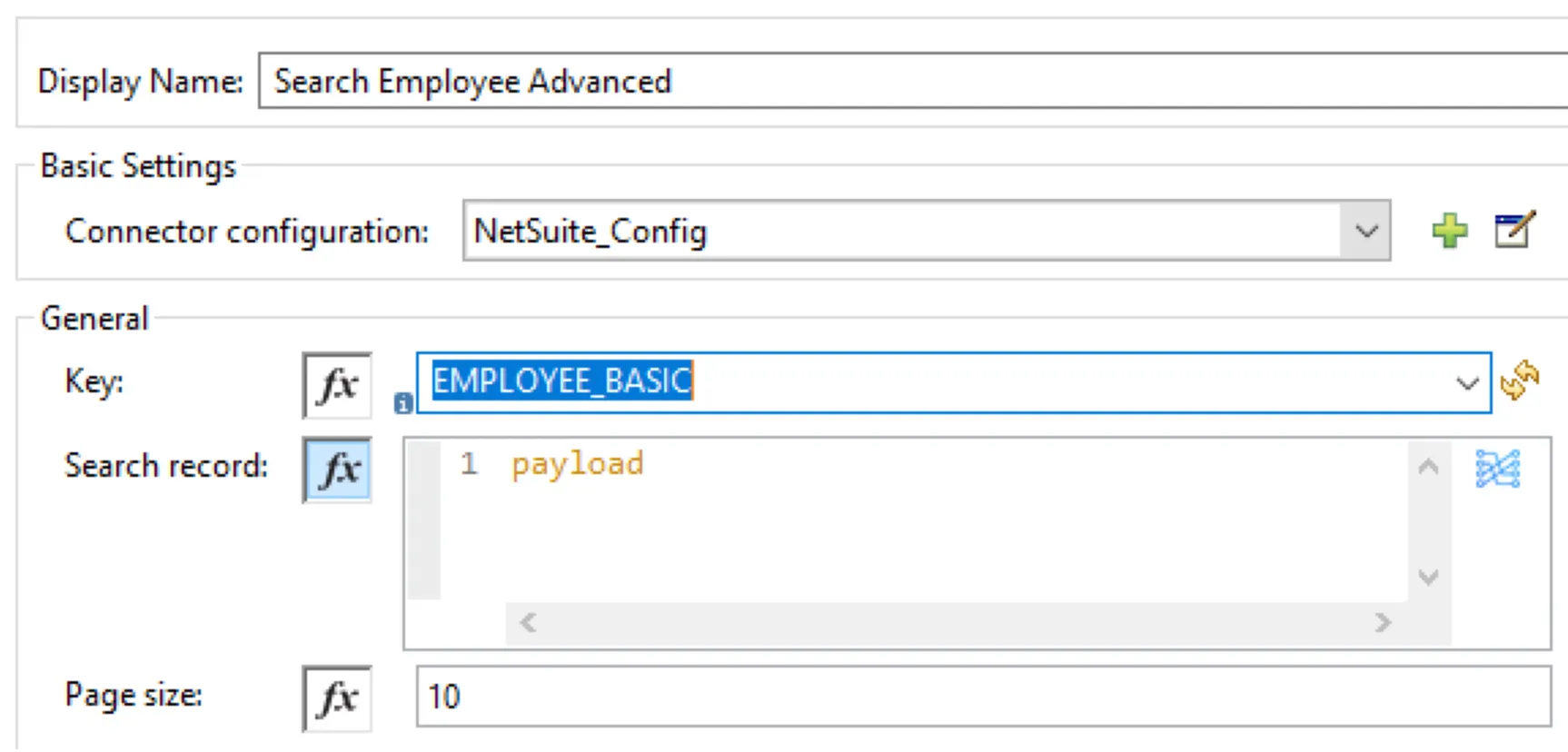NetSuite Search operation config with key EMPLOYEE_BASIC and search record set to payload