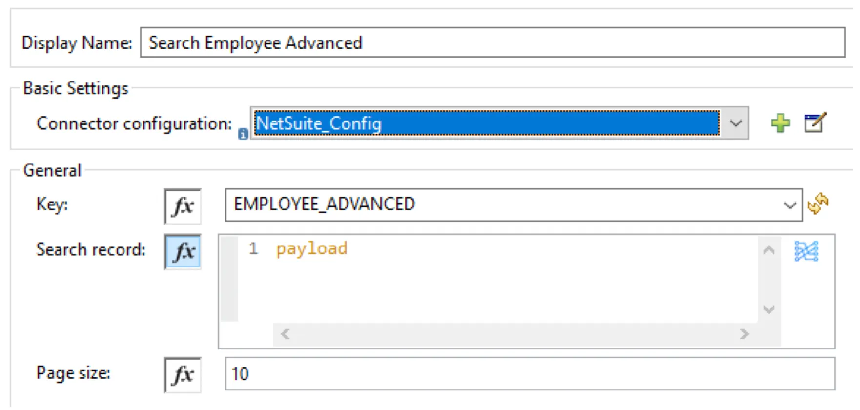 NetSuite Search operation config with key EMPLOYEE_ADVANCED and search record set to payload