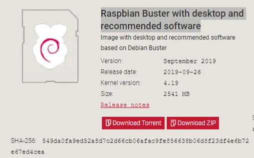 Raspberry Pi download page for Raspbian Buster with desktop and recommended software