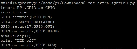 Terminal showing the greenLight.py Python script that toggles GPIO 17 high then low