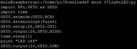 Terminal showing the redLight.py Python script that toggles GPIO 26 high then low