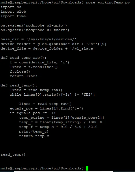 Terminal showing the workingTemp.py script reading the DS18B20 sensor and converting to Fahrenheit