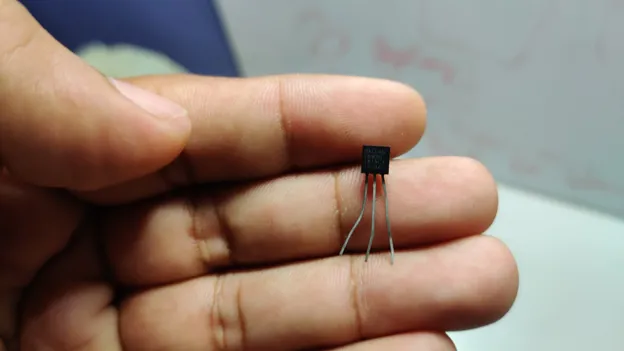 Hand holding a small DS18B20 temperature sensor with three leads