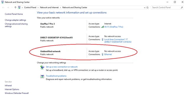 Windows Network and Sharing Center with an Unidentified Ethernet network circled