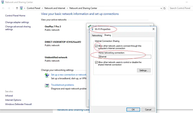Wi-Fi Properties Sharing tab with Internet Connection Sharing enabled for Ethernet