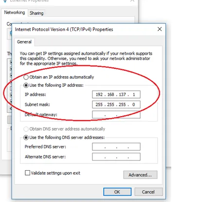 IPv4 Properties showing the auto-assigned IP address 192.168.137.1