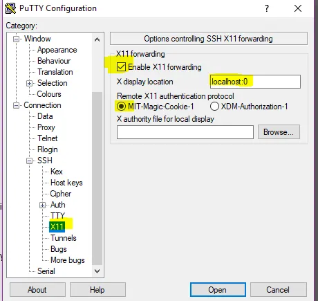 PuTTY SSH X11 settings with Enable X11 forwarding checked and display set to localhost:0