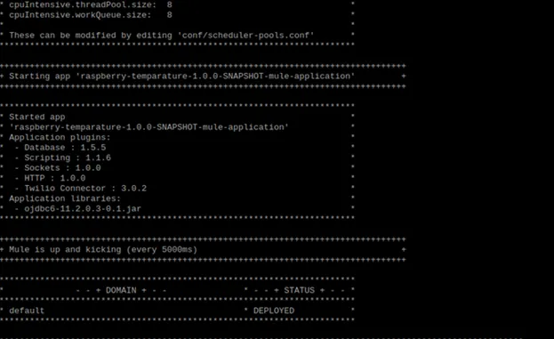 Mule standalone server console log showing the temperature app deployed and Mule running