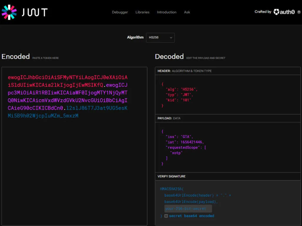 jwt.io debugger decoding the token into its header, payload and signature parts