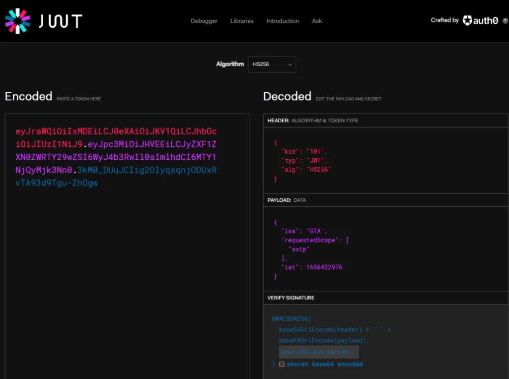 jwt.io decoding the Java-generated token, showing the GTA issuer and xotp scope payload
