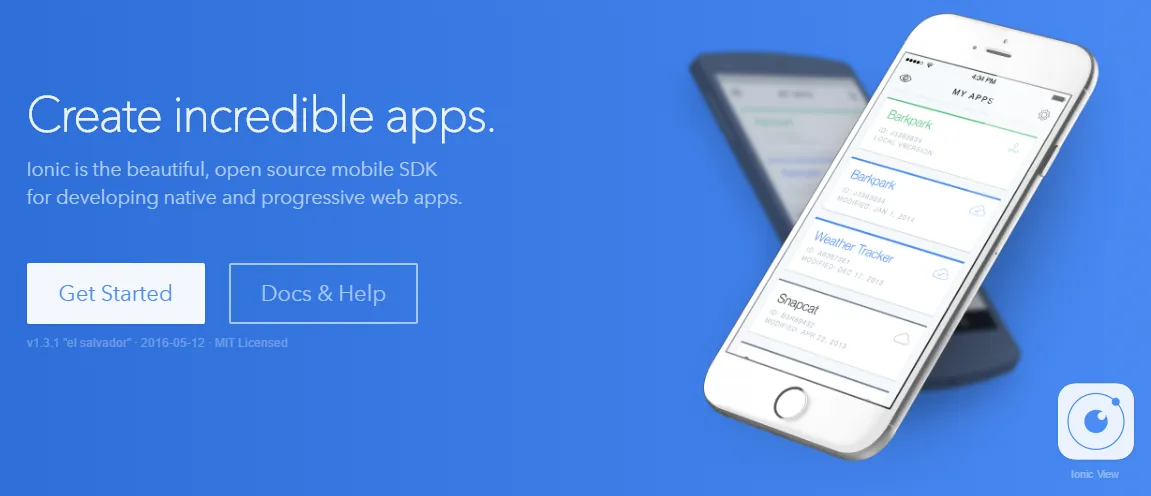 Ionic homepage hero "Create incredible apps" with an iPhone showing an app