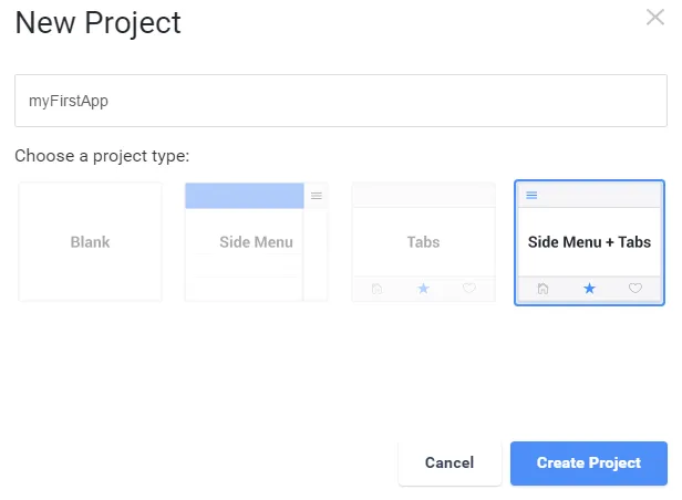 New Project dialog naming the app and choosing a type like Side Menu + Tabs