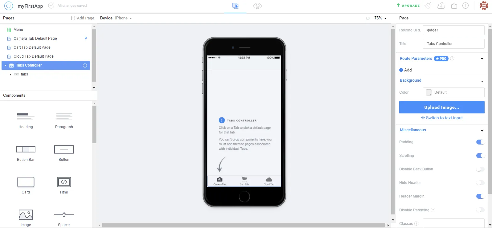 Ionic Creator drag-and-drop editor with the new app previewed on an iPhone