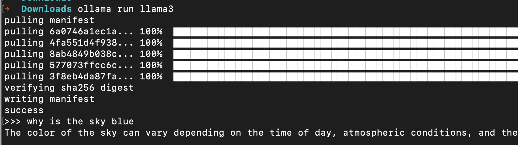 Terminal running ollama run llama3, pulling the model and answering a sample prompt