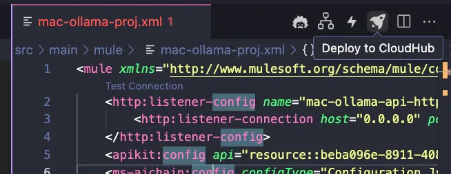 mac-ollama-proj.xml editor toolbar with the Deploy to CloudHub button highlighted