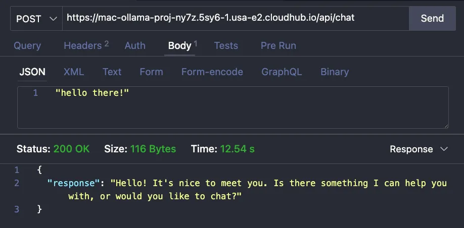 API client POST to the deployed CloudHub endpoint returning a 200 OK chat response