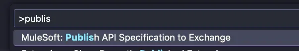 VS Code Command Palette showing the "Publish API Specification to Exchange" command