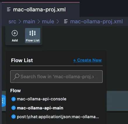 Anypoint Code Builder Flow List dropdown listing the project's flows, including the post flow
