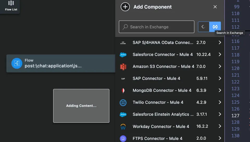 Add Component panel with the Search in Exchange button highlighted, listing connectors