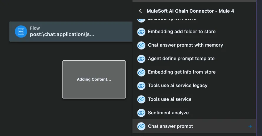 MuleSoft AI Chain Connector operations list with Chat answer prompt selected