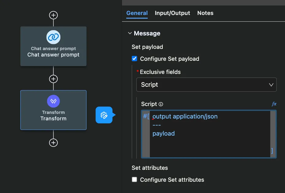 Transform component after Chat answer prompt, set to output application/json payload