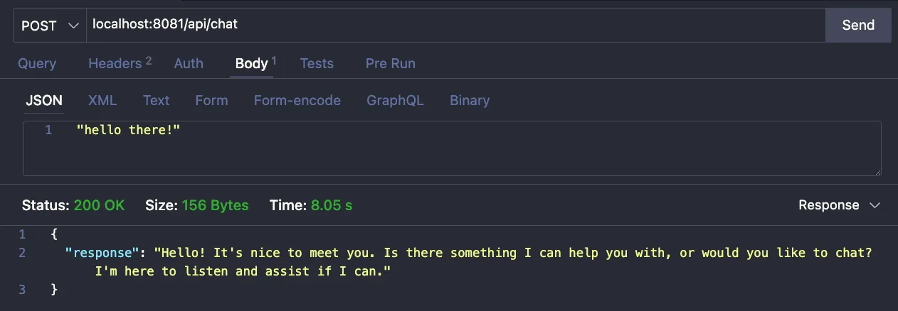API client POST to localhost:8081/api/chat returning a 200 OK chat response from Ollama