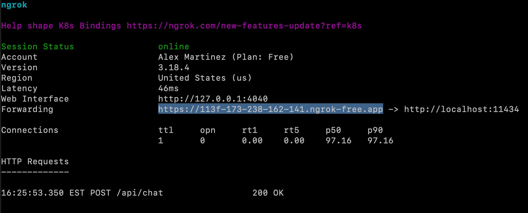 ngrok session screen with the public Forwarding URL pointing to localhost:11434 highlighted