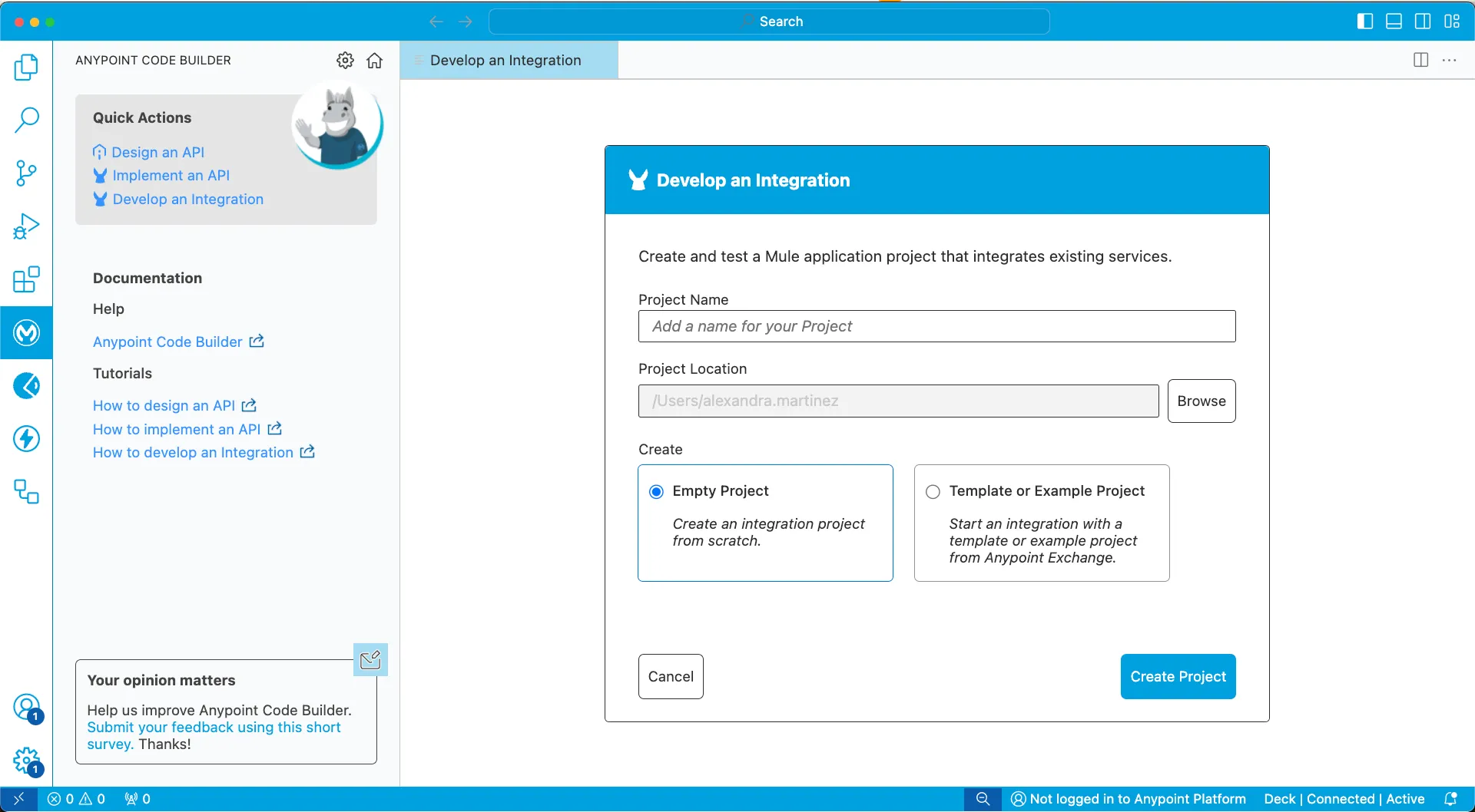 Anypoint Code Builder home screen with the Develop an Integration dialog open, in the MuleSoft community theme