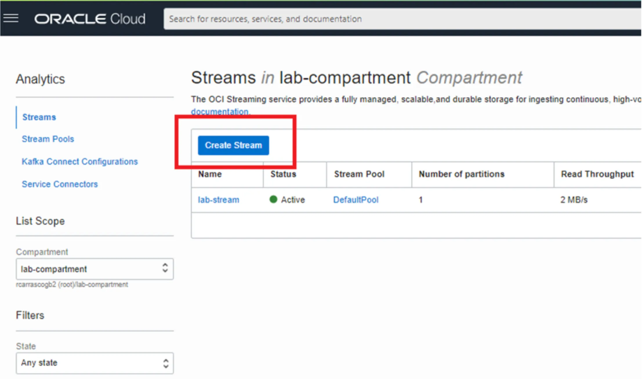 Oracle Cloud Streams list with the blue Create Stream button highlighted