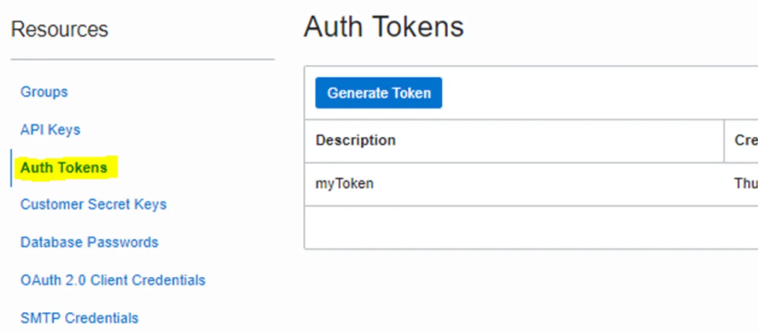 OCI user Auth Tokens page with the Generate Token button to create the password token