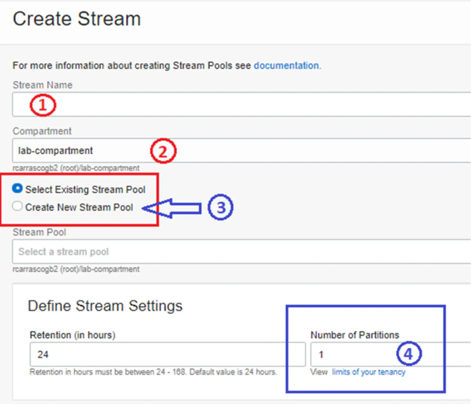 Create Stream form with numbered name, compartment, stream pool, and partitions fields