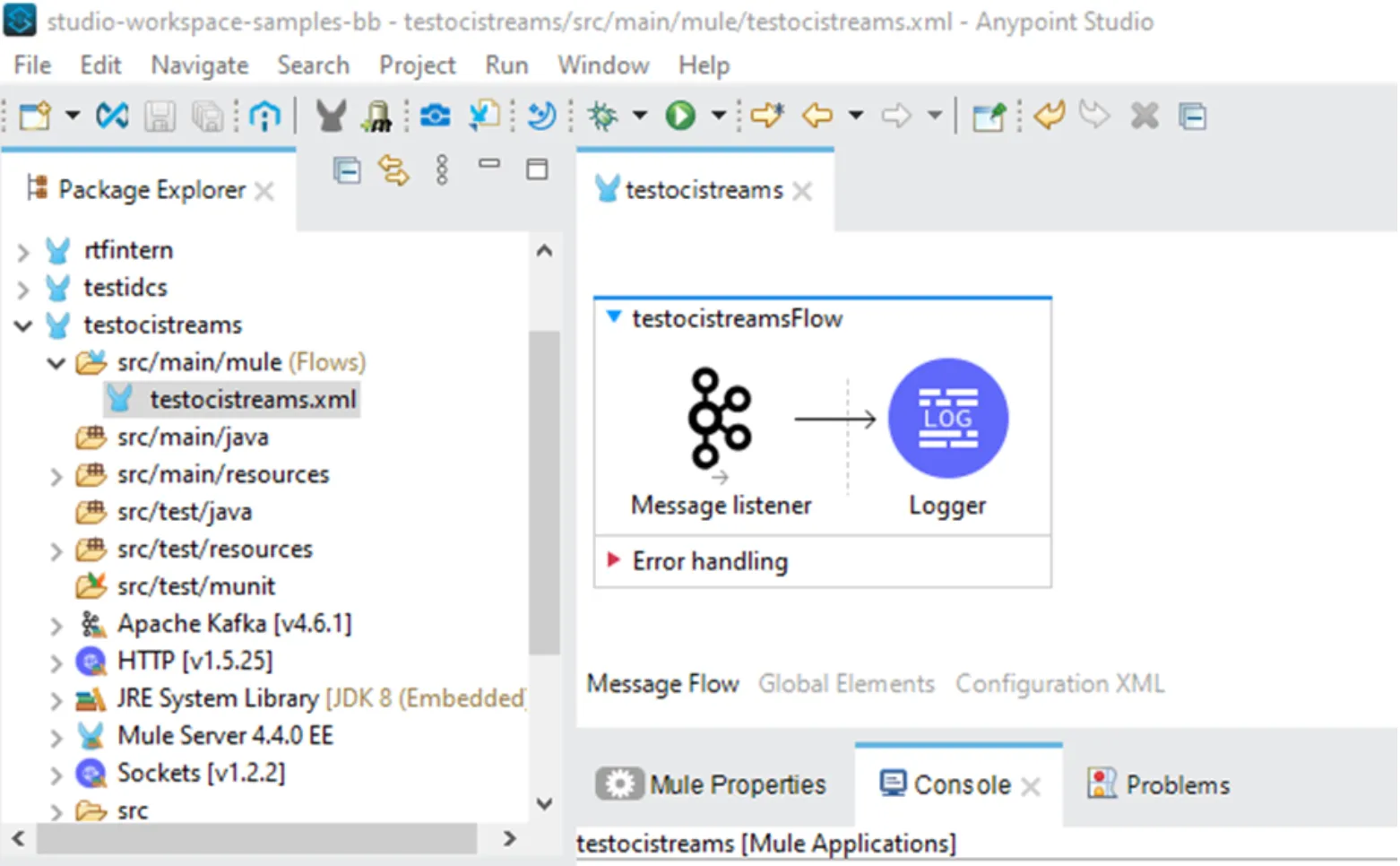 Anypoint Studio Mule flow with a Kafka Message listener feeding a Logger