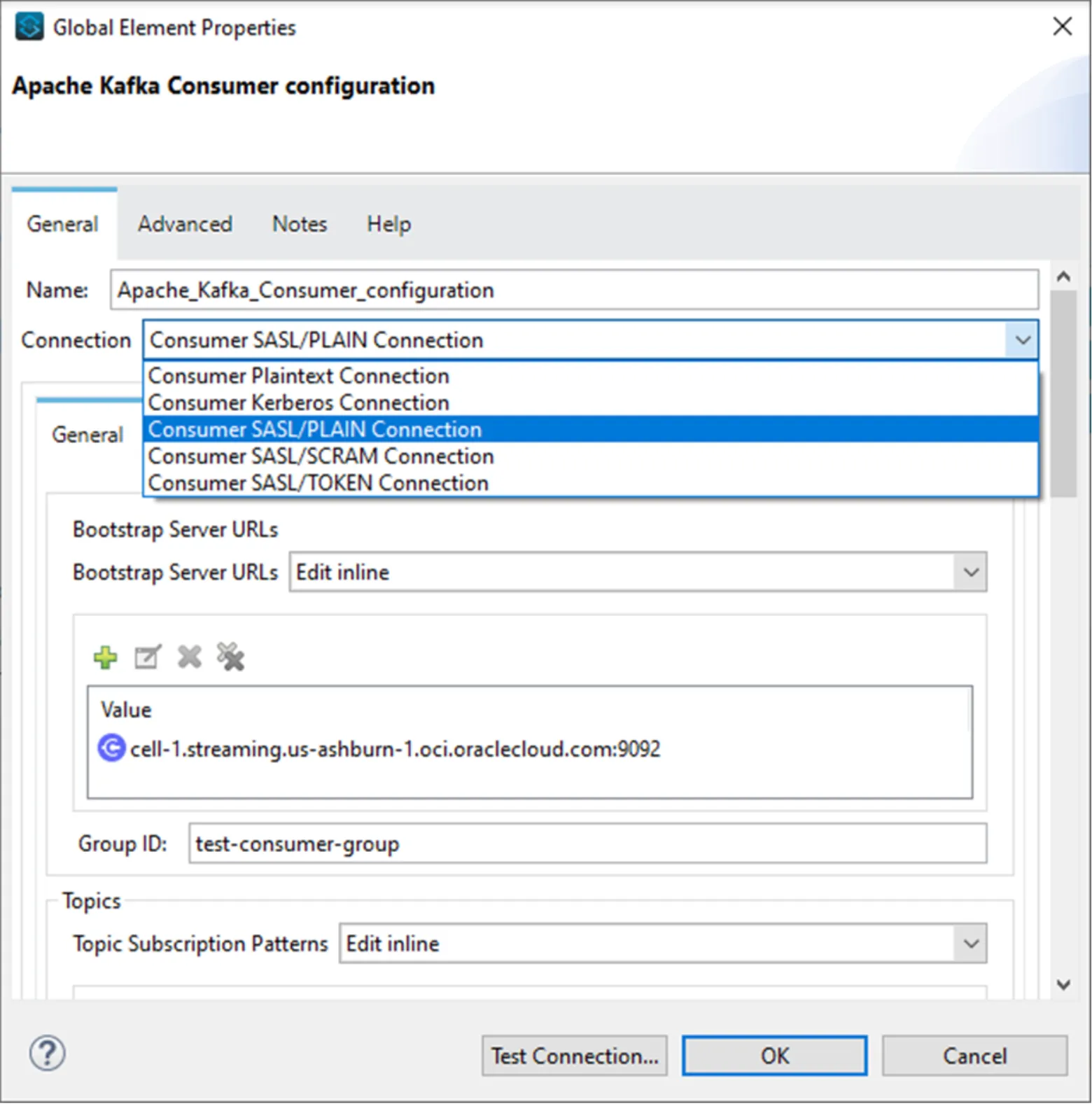 Kafka Consumer config with the connection-type dropdown open on SASL/PLAIN Connection